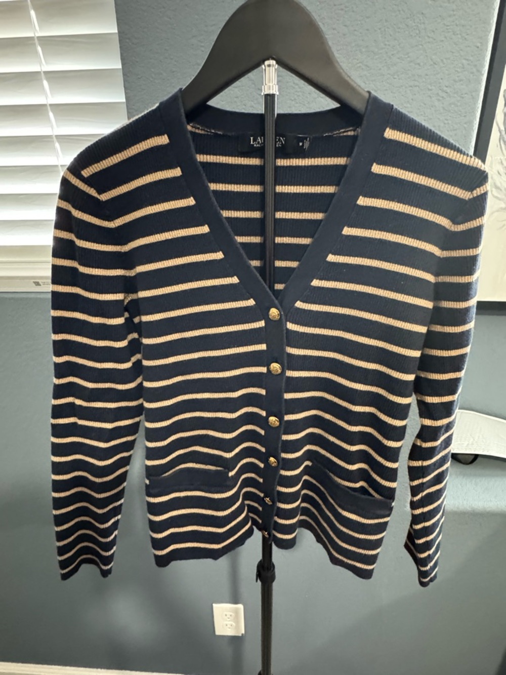 Lauren Ralph Lauren Navy and Cream Striped V-Neck Cardigan with Gold Buttons
